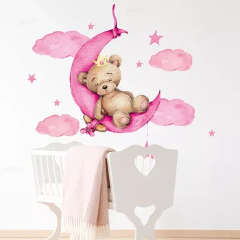 Cor-de-rosa Doce Urso Dormindo Adesivos de Parede de Nuvens de Estrelas Adesivos de Parede Bebê do Berçário Sala de Decoração Sala Quarto adesivos