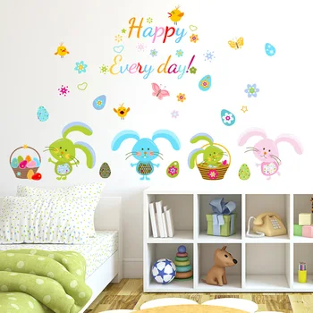 Desenhos animados Coelho Adesivo de Parede Bebê Crianças da Creche Decoração de quartos de Parede do Quarto de Arte Mural Borboletas PVC Decalque papel de Parede Removível