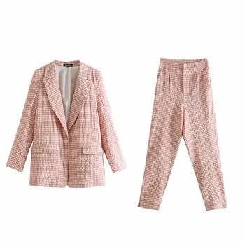 2 peças de roupas para mulheres xadrez de manga longa, botão de uma longa blazer + cintura alta calças dividir calças casuais roupa de duas peças