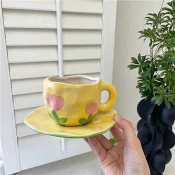 Irregular de cerâmica xícara de café criativo abstrato Amarelo tulip cerâmica xícara de café e pires de chá da tarde copo de água copo de 200ml