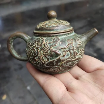 Bronze de dragão e phoenix vinho do pote e o bule de chá, Excelente antiga chaleira de cobre