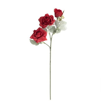 60cm de Rosa Artificial Buquê de Flores para Casa Decoração do Casamento de Long Branch 3 cabeça de Seda Vermelha Falso Flor DIY de Coroa de flores, Decoração de Sala de estar