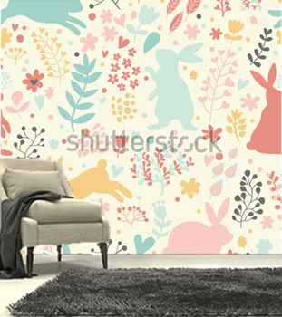 O 3D personalizado murais, Linda coelhos nos corações e flores,sofá da sala de TV de parede o papel de parede de quarto de criança